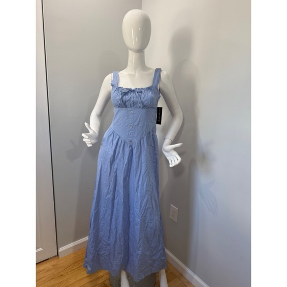 Derek Heart Women's Blue Cotton Maxi Dress Bow Front Smocked Back Sleeveless M - Picture 3 of 10